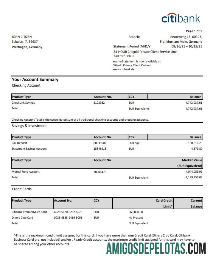 Modelo de extrato de conta bancária do Citibank para impressão na Alemanha em formato Excel e PDF